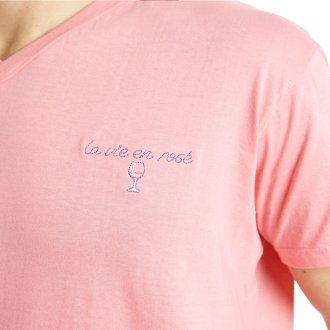 Pyjama court Arthur en coton : tee-shirt rose brodé et short bleu à motifs verres de vin