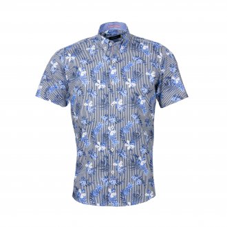 Chemise coupe droite manches courtes Turmell Olite en coton bleu rayé à motifs fleuris