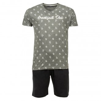 Pyjama court Arthur Ptidej en coton bio : tee-shirt manches courtes col V gris chiné à motifs blancs et short noir