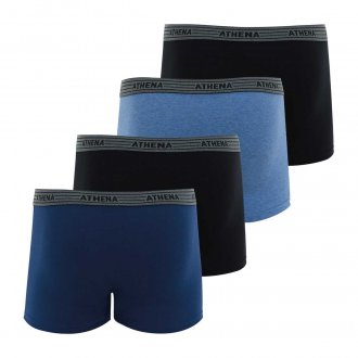 Lot de 4 boxers Athena en coton stretch noir, bleu denim et bleu marine