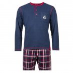 Pyjama long Christian Cane Baldwin en coton : tee-shirt manches longues col rond bleu marine et pantalon à carreaux bleu marine, bordeaux et blancs