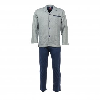Pyjama long Christian Cane Baltazar en coton : chemise blanche à micro motifs bleu marine et pantalon bleu marine