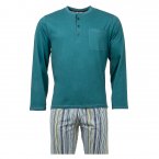 Pyjama long Christian Cane Baudry en coton : tee-shirt col tunisien manches longues vert canard et pantalon blanc à rayures