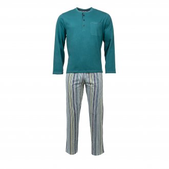 Pyjama long Christian Cane Baudry en coton : tee-shirt col tunisien manches longues vert canard et pantalon blanc à rayures