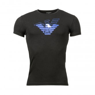 Tee-shirt manches courtes col rond Emporio Armani en coton stretch noir floqué bleu