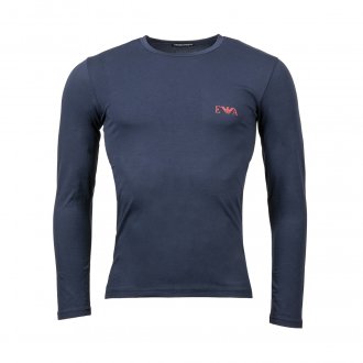 Tee-shirt manches longues col rond Emporio Armani en coton stretch bleu marine floqué en rouge