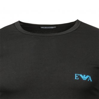 Tee-shirt manches longues col rond Emporio Armani en coton stretch noir floqué bleu ciel