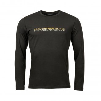 Tee-shirt manches longues col rond Emporio Armani en coton stretch noir floqué en doré et argenté