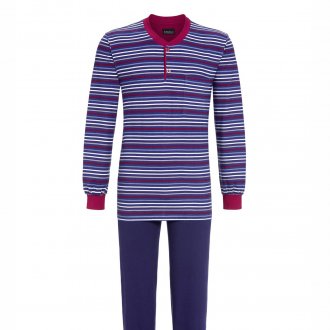 Pyjama long Ringella en coton : tee-shirt manches longues col tunisien rayé et pantalon bleu marine
