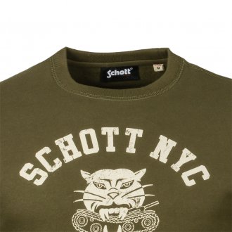 Sweat col rond Schott NYC en coton vert kaki floqué beige