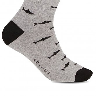 Chaussettes hautes Arthur en coton mélangé gris chiné à motifs requins noirs