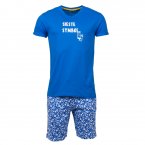 Pyjama court Arthur en coton biologique : tee-shirt col V bleu électrique floqué et short bleu à motifs blancs