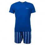 Pyjama court Calvin Klein en coton stretch : tee-shirt col rond bleu indigo et short bleu indigo à rayures rouges et bleu turquoise