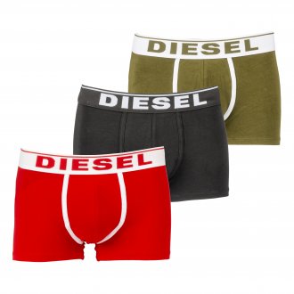 Lot de 3 boxers Diesel Damien en coton stretch vert kaki, rouge et noir