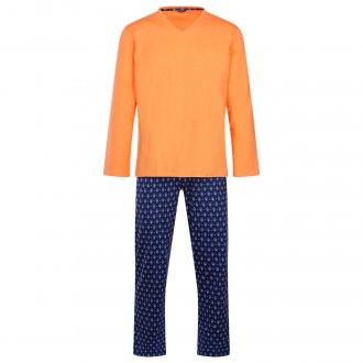 Pyjama long Hom Malmousque en coton : tee-shirt manches longues orange et pantalon bleu marine à motifs