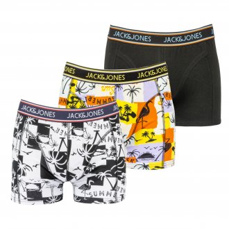 Lot de 3 boxers Jack and Jones en coton stretch noir, blanc à motifs noirs et blanc à motifs jaunes, orange et violets