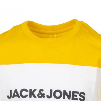 Tee-shirt col rond Jack & Jones Junior Logo en coton colorblock jaune, bleu marine et blanc