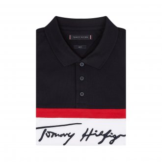 Polo Tommy Hilfiger en coton piqué colorblock bleu nuit, blanc et rouge
