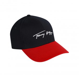 Casquette Tommy Hilfiger Signature Cap en coton bleu nuit à visière rouge