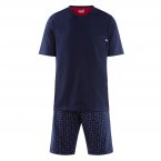 Pyjama court Eminence en coton : tee-shirt col rond bleu marine et short bleu marine à micro motifs blancs
