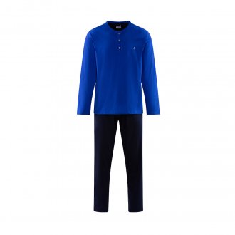 Pyjama long Eminence en coton : tee-shirt manches longues bleu indigo et pantalon bleu marine