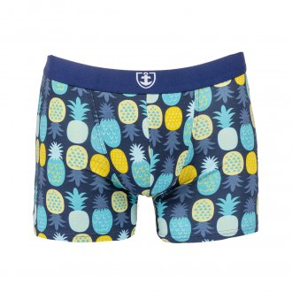 Lot de 2 boxers Mariner en coton bio stretch jaune moutarde et bleu marine à motifs ananas jaunes, bleu ciel et bleu turquoise