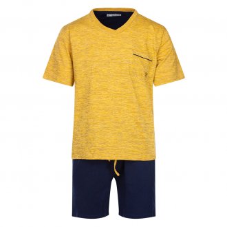 Pyjama court Mariner en coton : tee-shirt col V jaune et short bleu nuit