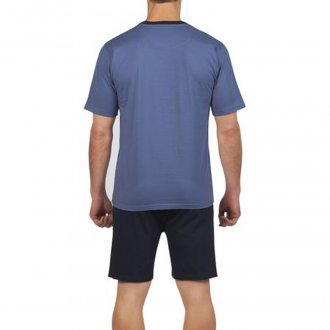 Pyjama court Mariner en coton biologique : tee-shirt col rond bleu indigo floqué et short bleu nuit