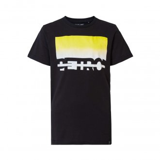 Tee-shirt col rond Petrol Industries en coton noir floqué en blanc et jaune fluo