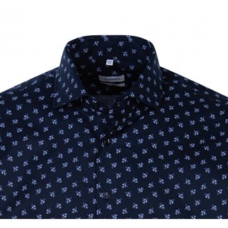 Chemise manches courtes coupe droite Seindensticker en coton bleu marine à motifs fleurs blanches
