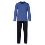 Pyjama long Eden Park en coton : tee-shirt col V manches longues bleu à micro motifs et pantalon bleu marine