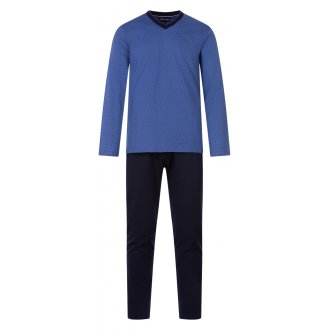 Pyjama long Eden Park en coton : tee-shirt col V manches longues bleu à micro motifs et pantalon bleu marine