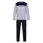 Pyjama long Eden Park en coton : tee-shirt manches longues col rond gris chiné floqué et pantalon bleu marine