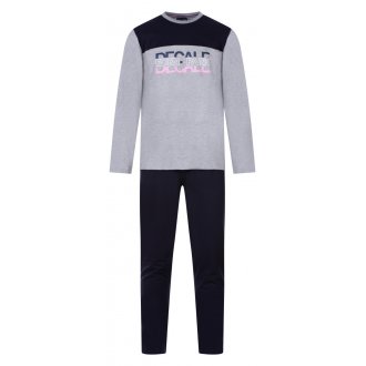 Pyjama long Eden Park en coton : tee-shirt manches longues col rond gris chiné floqué et pantalon bleu marine