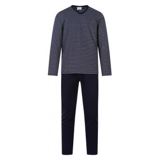Pyjama long Eden Park en coton : tee-shirt manches longues col V à rayures et pantalon bleu marine