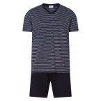 Pyjama court Eden Park en coton : tee-shirt col V à rayures et short bleu marine