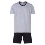 Pyjama court Eden Park en coton : tee-shirt col V à rayures grises et short bleu marine