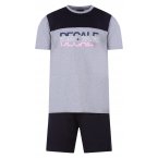 Pyjama court Eden Park en coton : tee-shirt col rond gris chiné floqué et short bleu marine