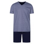 Pyjama court Hom Ramatuelle en coton : tee-shirt col v à motifs et short bleu marine