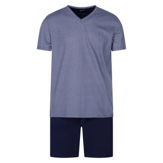 Pyjama court Hom Ramatuelle en coton : tee-shirt col v à motifs et short bleu marine