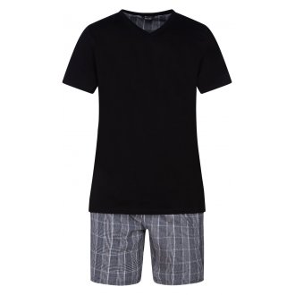 Pyjama court Hom Pampelonne en coton : tee-shirt col V noir et short à carreaux