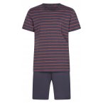 Pyjama court Hom Croisette en coton : tee-shirt noir à rayures orange et pantalon gris anthracite