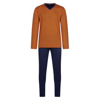 Pyjama long Hom Nikki en coton : tee-shirt manches longues col V orange à motifs et pantalon bleu marine