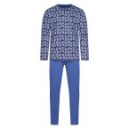 Pyjama long Hom Riviera en coton : tee-shirt manches longues col rond bleu nuit à motifs et pantalon bleu marine