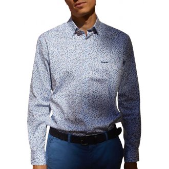 Chemise manches courtes col américain Mise au green en coton bleu à motifs feuilles beiges et bleues