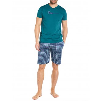 Pyjama court Arthur en coton : tee-shirt col V bleu canard floqué et short bleu marine à motifs