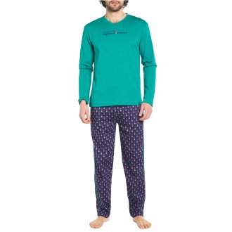 Pyjama long Arthur coton vert, marine et rouge