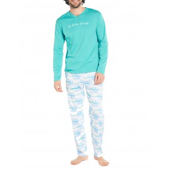 Pyjama long Arthur en coton : tee-shirt manches longues col V bleu turquoise et pantalon blanc à motifs