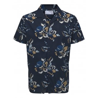 Chemise manches courtes Selected en coton biologique marine à motif fleurs tropicales