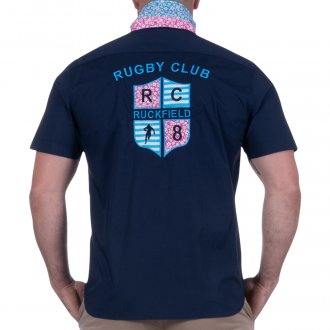 Chemise droite Ruckfield en coton bleu marine avec manches courtes et col américain